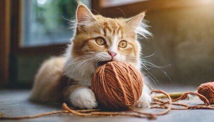 A cat chewing on a coiled yarn ball.
