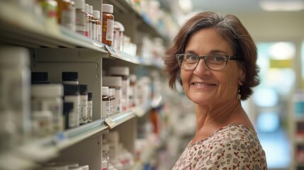 Woman with glasses smiling in pharmacy aisle. - obrazy, fototapety, plakaty