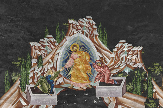Christian traditional image of Jesus Christ's resurrection. Religious illustration on black stone wall background in Byzantine style