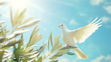 White dove sits on olive tree. Sunny day, light blue sky backdrop. Peace concept. Generative AI