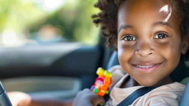 A cheerful young girl with curly hair wearing a seatbelt holding a colorful toy and smiling brightly in a car.