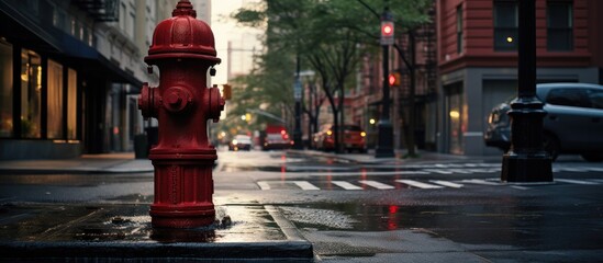 City sidewalk with a red fire hydrant.
