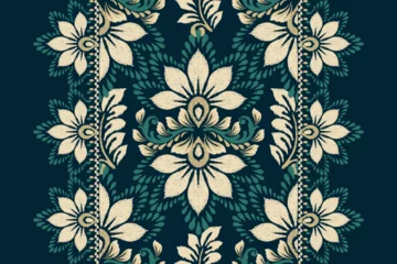 Fotobehang Ikat floral pattern on navy blue background vector illustration.damask Ikat oriental embroidery.Aztec style,traditional,hand drawn,baroque art.design for texture,fabric,clothing,decoration,carpet. © anchalee thaweeboon