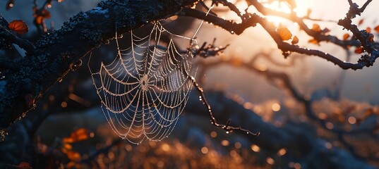Nature's Delicate Mastery: A Dew-Kissed Spiderweb Glistening in the Early Morning Light, Capturing the Essence of Serenity and Intricacy Within the Fragile Beauty of the Natural World