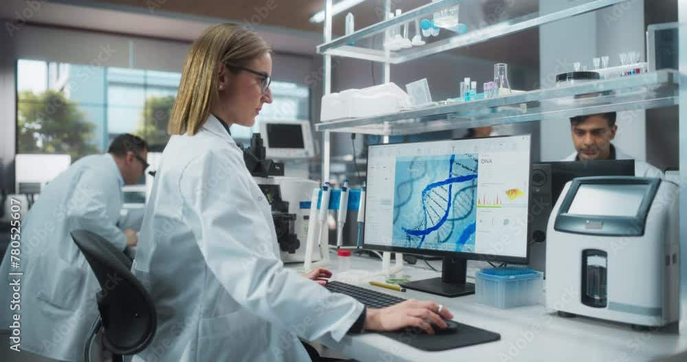 Poster caucasian female scientist working on a desktop computer, analyzing dna samples. specialist using a 