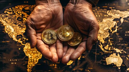 Hands Presenting Bitcoin Coins Over a Golden World Map, Concept of Global Cryptocurrency and Digital Investment