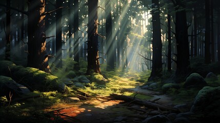 Sunlight filtering through a dense forest canopy, casting intricate shadows on the forest floor.