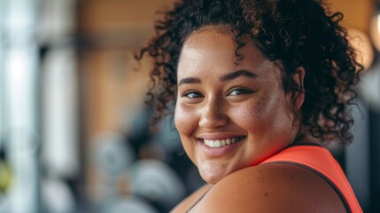 Smiling woman with curly hair wearing orange top standing in gym with blurred weights in background.