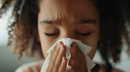 A young girl with curly hair eyes closed and a concerned expression holding a white tissue to her nose possibly indicating she is feeling unwell or experiencing discomfort.