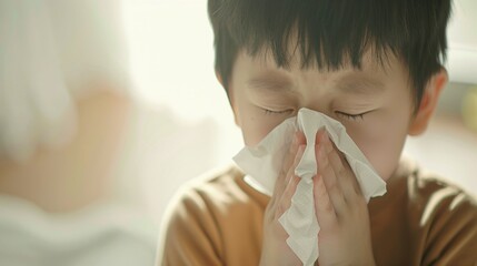 A young boy with dark hair wearing a light brown shirt gently holding a white tissue to his nose with his eyes closed possibly in a moment of comfort or relief.