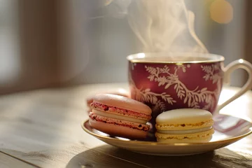 Fototapeten French macarons with a cup of tea - Generative AI © MadalinaIonela