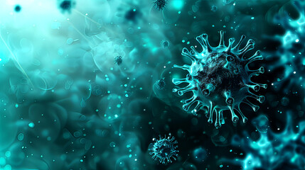 Microscopic view of a virus surrounded by blue particles symbolizing health, science, medicine, and research in virology and microbiology.