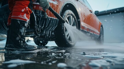 Person washing an orange car with a hose in the snow.