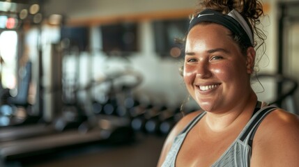 Smiling woman in gym wearing headband tank top and workout gear standing in front of exercise...