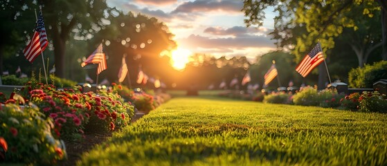 Solemn Sunset Tribute - Veterans Honored with Flags. Concept Patriotic Photoshoot, Veterans Appreciation, Sunset Reflections, Flag Tribute_photos, Honoring Service Members
