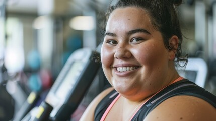 Smiling woman in gym sweaty and happy wearing pink sports bra and black tank top surrounded by exercise equipment. - Powered by Adobe