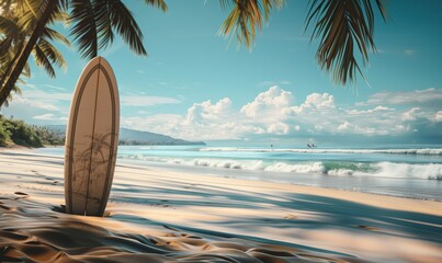 Tavola da Surf sulla spiaggia con le palme