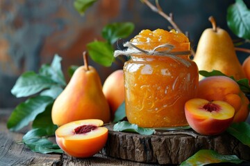 Ripe peaches and apricots in a clear glass jar on a weathered wooden table in rustic setting