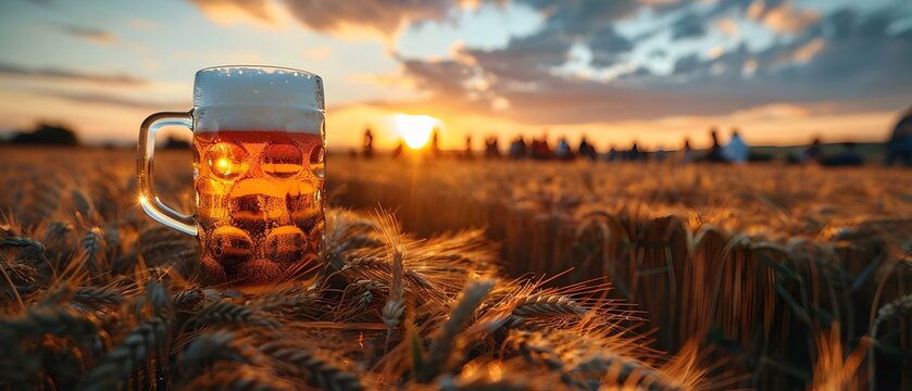 Promoting a bio drink with a hand holding a beer mug in a barley field at sunset. Concept Product Marketing, Nature Background, Beverage Promotion,True Farming Experience, Golden Hour Aesthetics