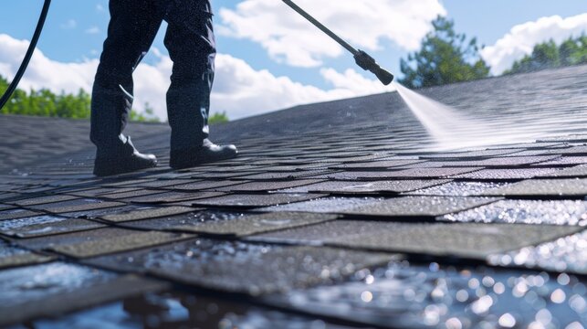 Man spraying a roof with a hose possibly cleaning or treating it under a partly cloudy sky.