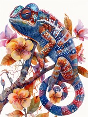 Whimsical boho chameleon, artfully depicted in rich watercolors, adorned with bohemian motifs and intricate patterns , 8K , high-resolution, ultra HD,up32K HD