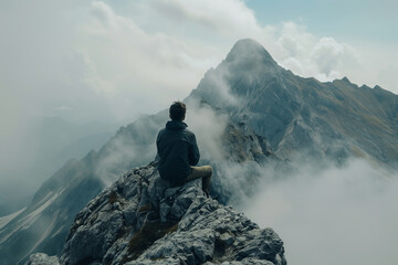 A man sits on a stone. Tourist admiring the mountains - 780527429