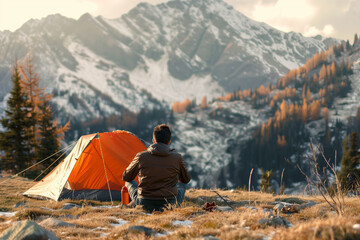 A man sits near a tent in the mountains