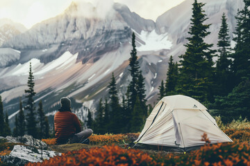 A man sits near a tent in the mountains - 780527465