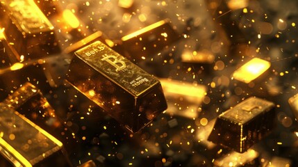 Glowing Gold Bars with Engraved Bitcoin Logo, Amidst Sparkling Particles - Concept of Digital Currency's Value and Fusion with Traditional Gold Investment
 - obrazy, fototapety, plakaty
