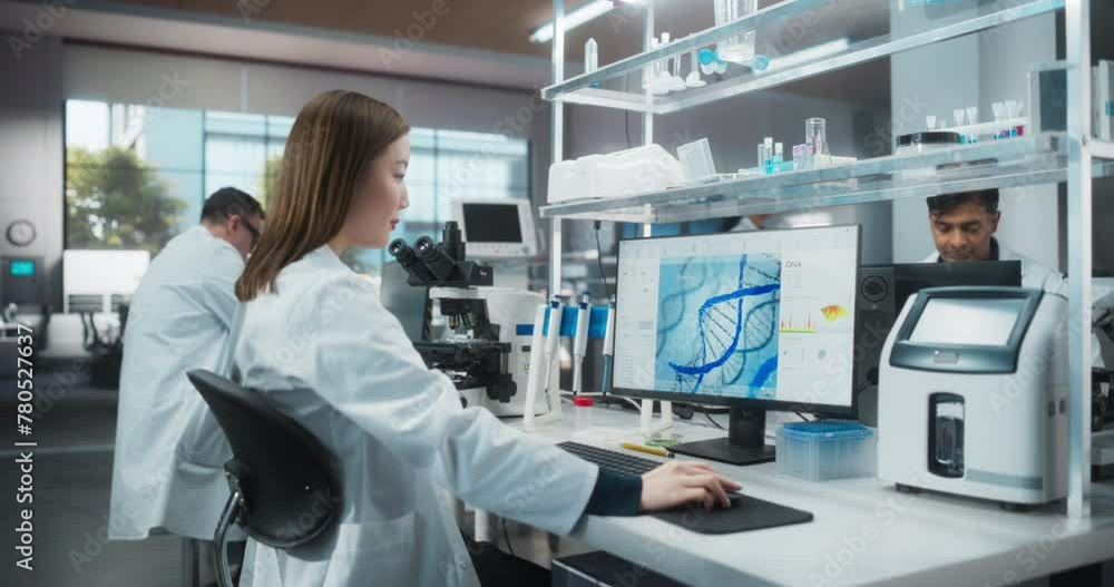 Poster Medical Research and Development Laboratory: Beautiful Asian Female Scientist Working on a Computer with Advanced DNA Diagnostic Software on Display. Modern Genetic Engineering Lab