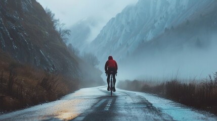 A lone cyclist in a red jacket pedaling down a misty mountain road with steep cliffs on either side. - obrazy, fototapety, plakaty