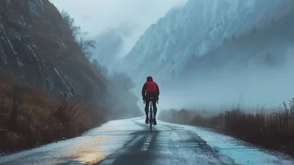 Foto op Canvas A lone cyclist in a red jacket pedaling down a misty mountain road with steep cliffs on either side. © iuricazac