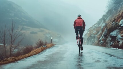 A cyclist in a red jacket and black pants riding a bicycle on a wet road with foggy mountains in the background. - obrazy, fototapety, plakaty