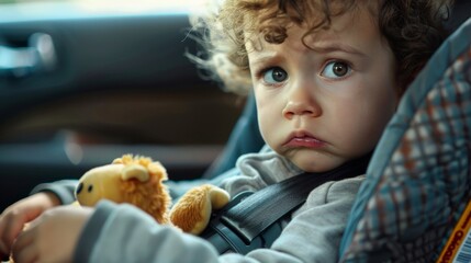 A young child with curly hair wearing a gray shirt sitting in a car seat holding a stuffed animal looking sad with a frown. - obrazy, fototapety, plakaty