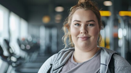 Smiling woman in gym wearing gray jacket standing in front of exercise equipment.