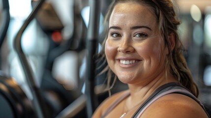Obraz premium Smiling woman with sweaty skin wearing a sports bra in a gym setting with blurred exercise equipment in the background.