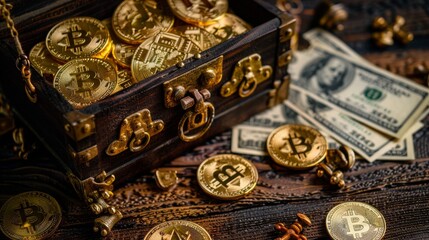 Vintage treasure chest filled with golden bitcoins and cash, concept of new wealth in digital cryptocurrency era