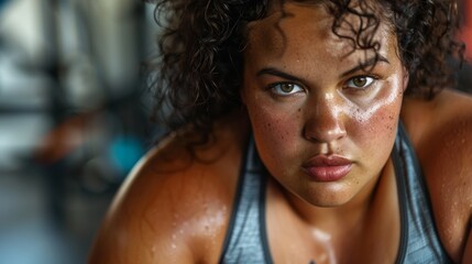 A close-up of a woman with curly hair sweaty skin and a focused expression wearing a sports bra suggesting she has been exercising. - obrazy, fototapety, plakaty