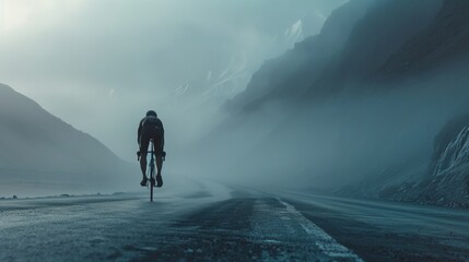 A lone cyclist pedaling through a foggy mountain pass with steep cliffs on either side.