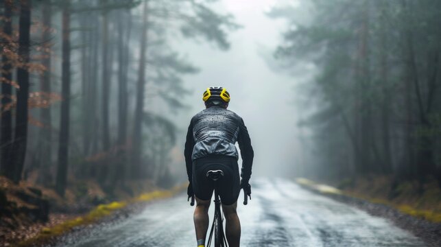 A cyclist in a yellow helmet and black attire riding a bicycle on a foggy forested road.