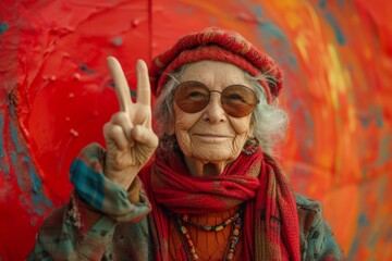Elderly woman making peace sign in front of red wall with peace sign graffiti in background