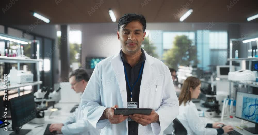 Poster Portrait of an Indian Adult Male Scientist Using Tablet Computer, Looking at Camera and Smiling in a Laboratory. Professional Researcher Working as Bioengineer, Monitoring Technology Projects