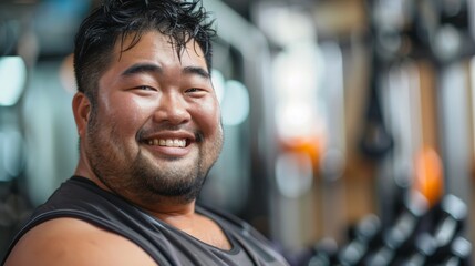 Smiling man with dark hair and beard wearing a sleeveless top standing in a gym with blurred exercise equipment in the background.