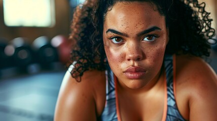 A young woman with curly hair freckles and striking eyes wearing a sports bra looking directly at the camera with a focused expression.