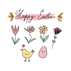 Happy Easter trendy cute lettering typographic vector postcard composition with sign, spring holiday elements. Good for cards, flyer, leaflet, product label, social networks and more. Set of boho