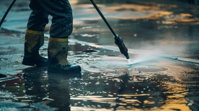 A person in protective gear using a high-pressure washer to clean a wet surface.