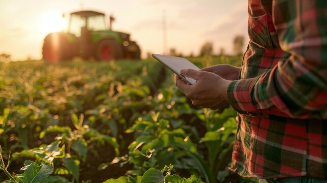 A farmer in a plaid shirt holding a tablet computer in a field with a tractor in the background during sunset.
