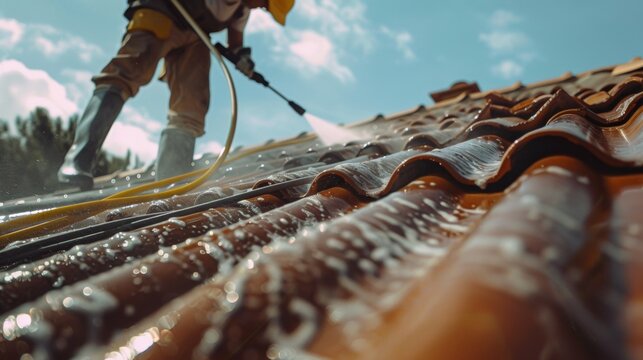 Man spraying a roof with a pressure washer cleaning off dirt and debris under a clear blue sky.
