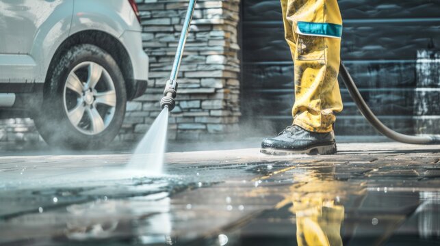 A professional car washer in yellow uniform and black boots spraying a white car with a high-pressure washer.