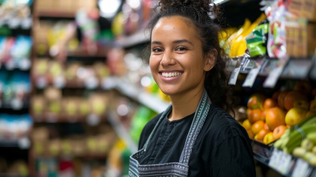 Smiling woman in apron standing in a grocery store aisle with fresh produce in the background.